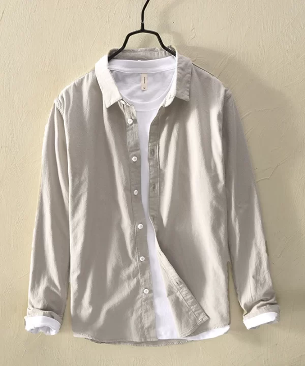 Mens Cotton Long Sleeve Casual Turn - Down Collar Solid Shirt All Seasons