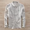 Mens Linen Long Sleeve Casual Shirt Solid Square Collar Single Breasted Office