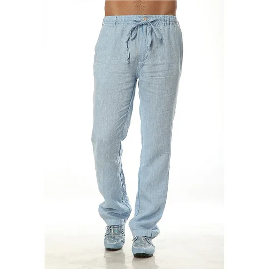 Men Linen Casual Elastic Waist Straight Pants Full Length