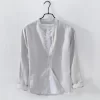 Mens Slim Fit Mandarin Collar Linen Cotton Long Sleeve Shirt Office