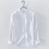 Mens Slim Fit Mandarin Collar Linen Cotton Long Sleeve Shirt Office