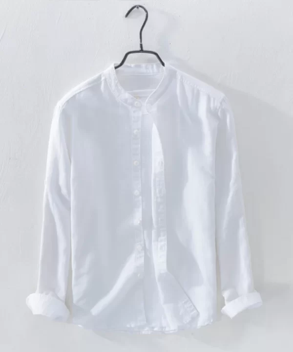 Mens Slim Fit Mandarin Collar Linen Cotton Long Sleeve Shirt Office