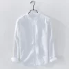 Mens Slim Fit Mandarin Collar Linen Cotton Long Sleeve Shirt Office