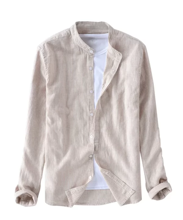 Mens Striped Stand Collar Long Sleeve Cotton Linen Casual Shirt