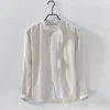 Mens Slim Fit Mandarin Collar Linen Cotton Long Sleeve Shirt Office