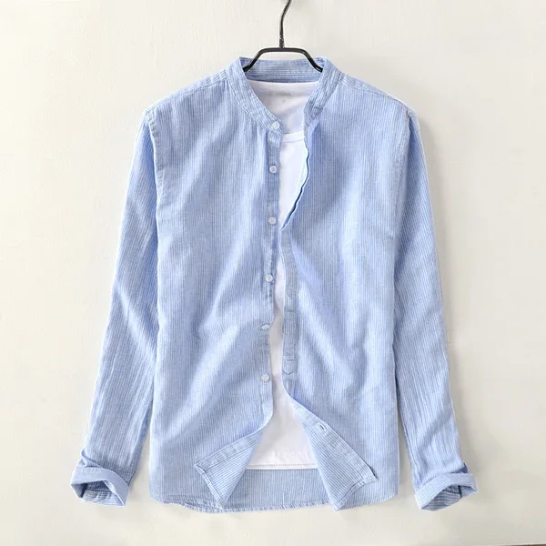 Mens Striped Stand Collar Long Sleeve Cotton Linen Casual Shirt