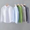 Mens Casual Cotton Linen Long Sleeve Shirt Solid Square Collar