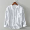 Mens Casual Striped Stand Collar Long Sleeve Linen Cotton Blend Shirt