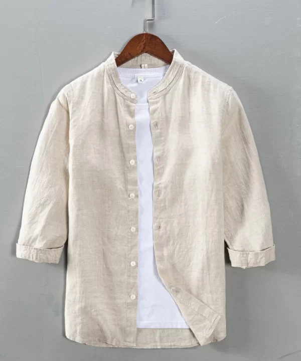 Mens Linen White Casual Stand Collar Three Quarter Sleeve Shirt