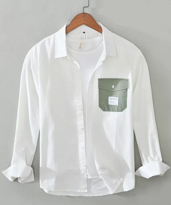 Mens Cotton Long Sleeve Casual Shirt White Trendy Turn-Down Collar
