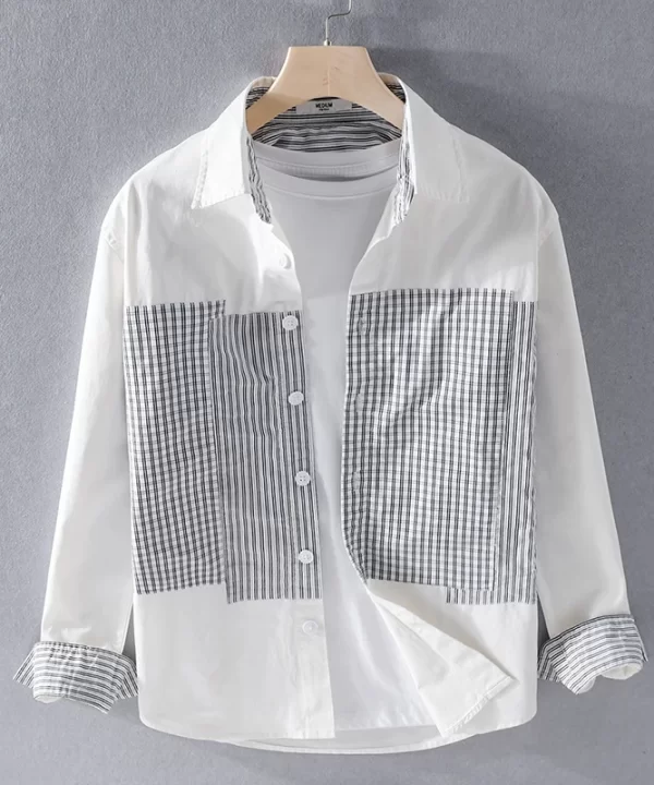 Mens Cotton Plaid Stitch Casual Shirt Full Sleeve Turn-Down Collar Office All-Season