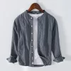 Mens Retro Striped Cotton Long Sleeve Stand Collar Casual Shirt