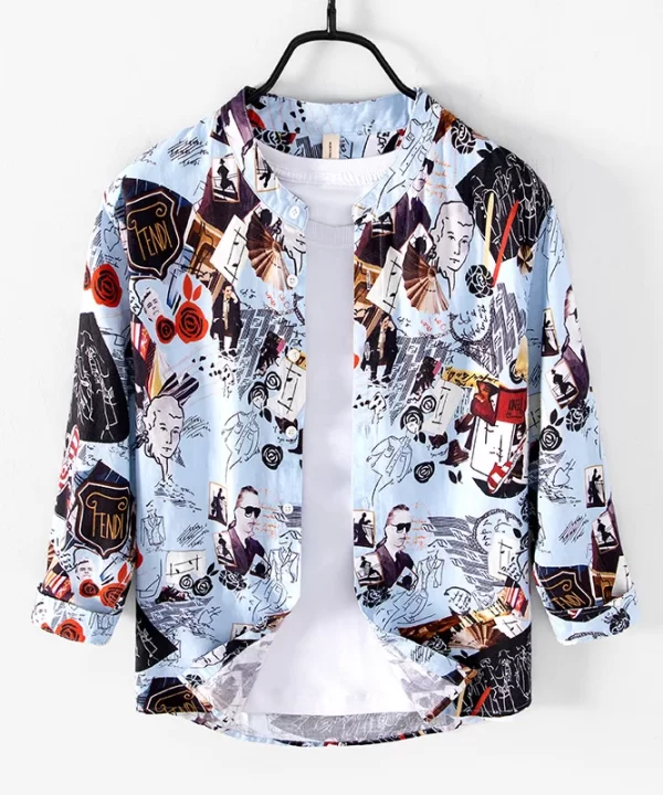 Mens Casual Printed Stand Collar Long Sleeve Cotton Linen Comfortable Shirt