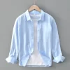 Mens Casual Cotton Linen Long Sleeve Shirt Solid Square Collar