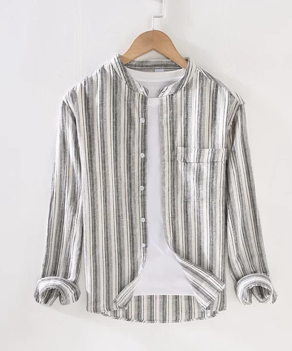 Mens Casual Striped Linen Cotton Long Sleeve Stand Collar Single Breasted Shirt