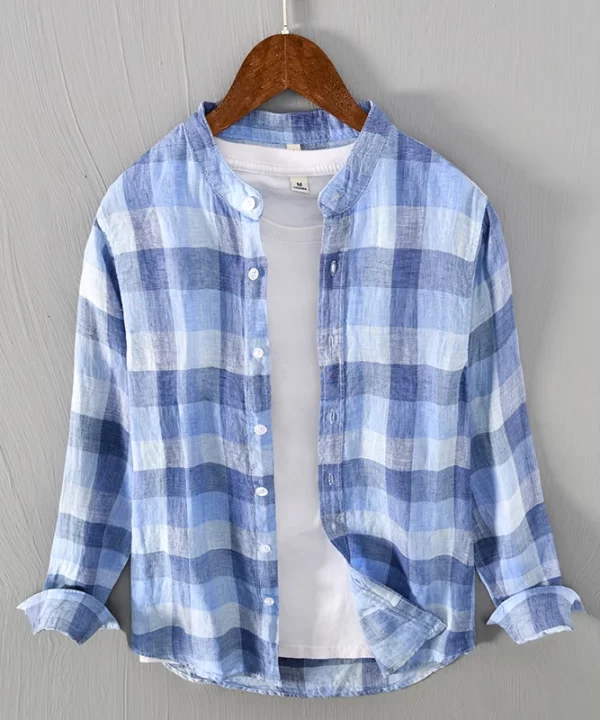 Mens Linen Plaid Stand Collar Long Sleeve Casual Shirt