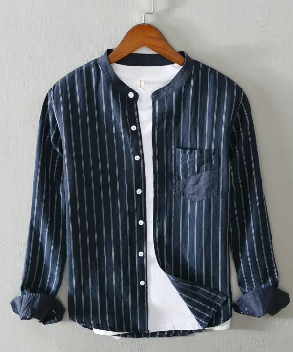 Mens Casual Striped Stand Collar Long Sleeve Linen Cotton Blend Shirt