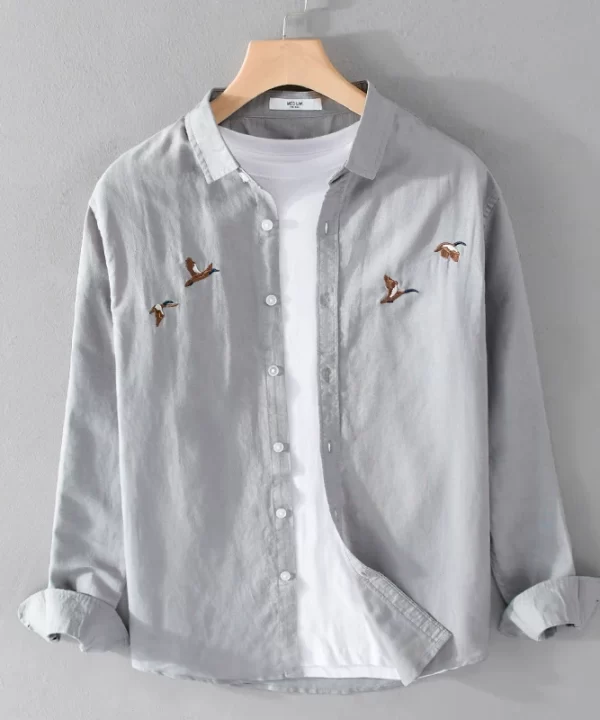 Mens Embroidered Linen Cotton Casual Long Sleeve Gray Shirt, Office Four Seasons