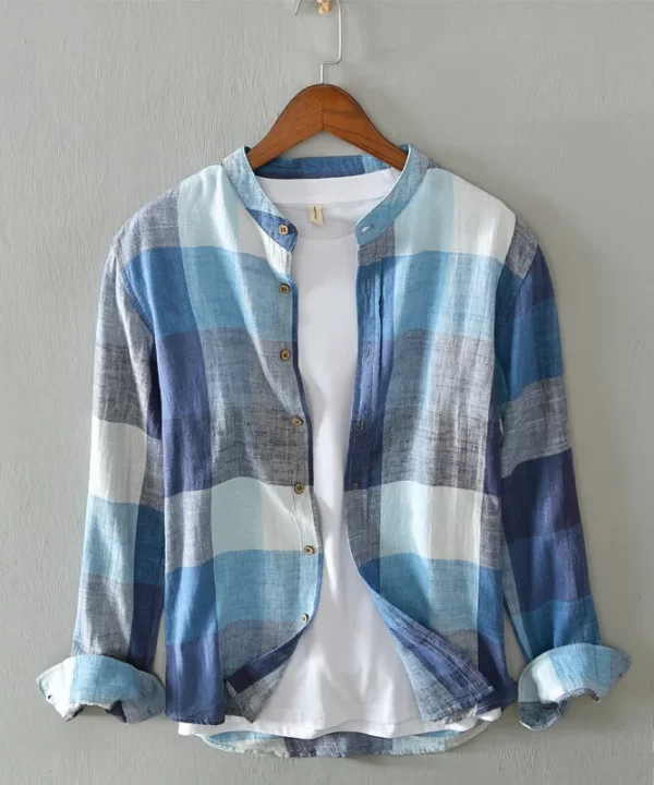 Mens Retro Plaid Long Sleeve Linen Cotton Casual Shirt Stand Collar Single Breasted