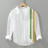 Mens Linen Long Sleeve Loose Striped Patchwork Casual Shirt