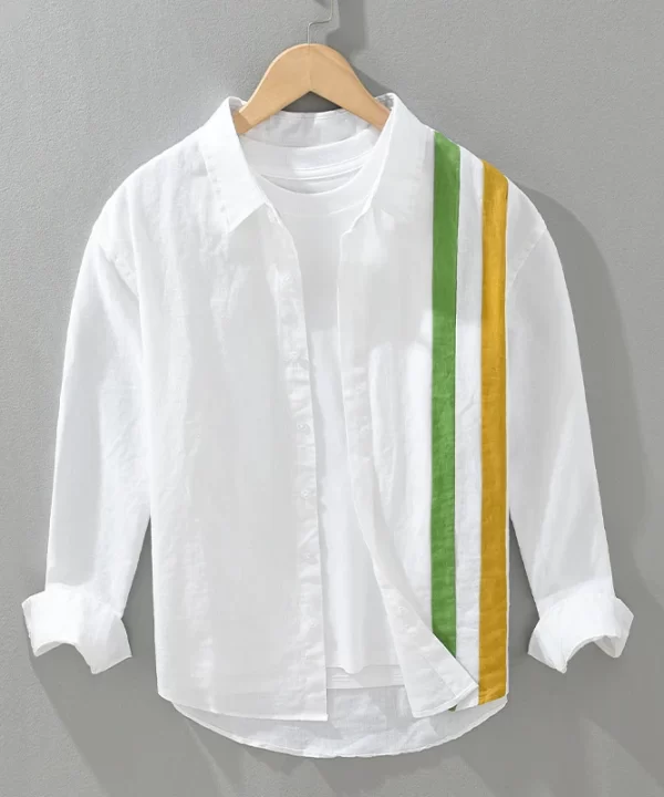 Mens Linen Long Sleeve Loose Striped Patchwork Casual Shirt