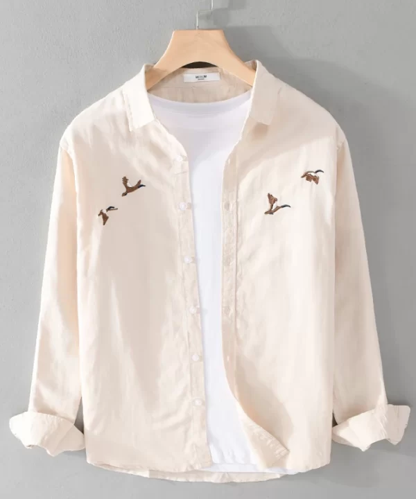 Mens Embroidered Linen Cotton Casual Long Sleeve Gray Shirt, Office Four Seasons