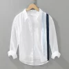 Mens Linen Long Sleeve Loose Striped Patchwork Casual Shirt