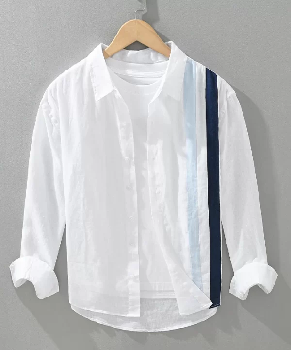 Mens Linen Long Sleeve Loose Striped Patchwork Casual Shirt