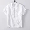 Mens Linen Short Sleeve Casual Shirt Summer TurnDown Collar Solid Pocket