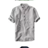 Mens Casual Short Sleeve Cotton Linen Loose Pullover Mandarin Collar Solid Shirt