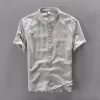 Mens Casual Short Sleeve Cotton Linen Loose Pullover Mandarin Collar Solid Shirt