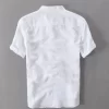 Mens Casual Short Sleeve Cotton Linen Loose Pullover Mandarin Collar Solid Shirt