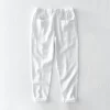 Mens Cotton Linen Casual Straight Pants Elastic Waist Loose Fit Plus Size