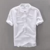 Mens Casual Short Sleeve Cotton Linen Loose Pullover Mandarin Collar Solid Shirt