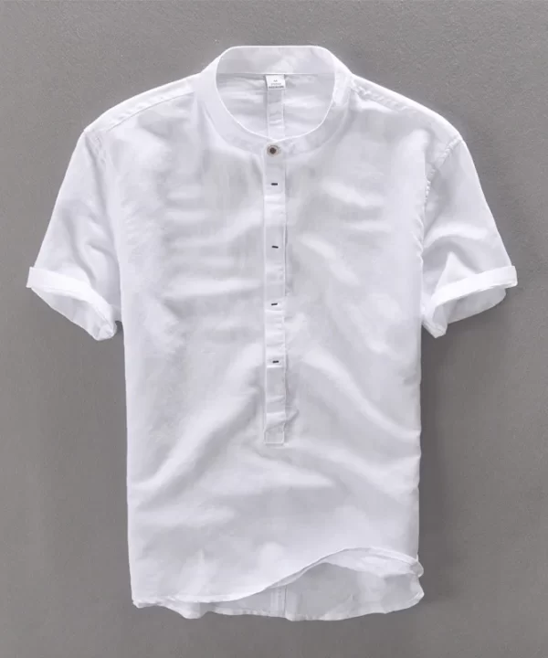Mens Casual Short Sleeve Cotton Linen Loose Pullover Mandarin Collar Solid Shirt