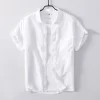 Mens Linen Short Sleeve Casual Shirt Summer TurnDown Collar Solid Pocket
