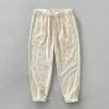 Mens Casual Loose Linen Cotton Pants Elastic Waist Full Length Solid
