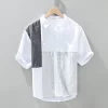 Mens Pure Linen Plaid Patchwork Short Sleeve Casual Summer Shirt