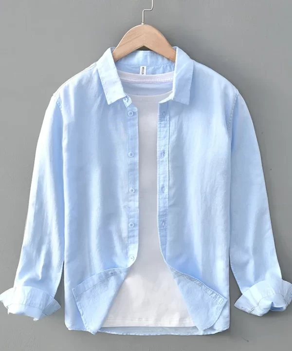 Mens Casual Cotton Linen Long Sleeve Turn-Down Collar Breathable Solid Shirt