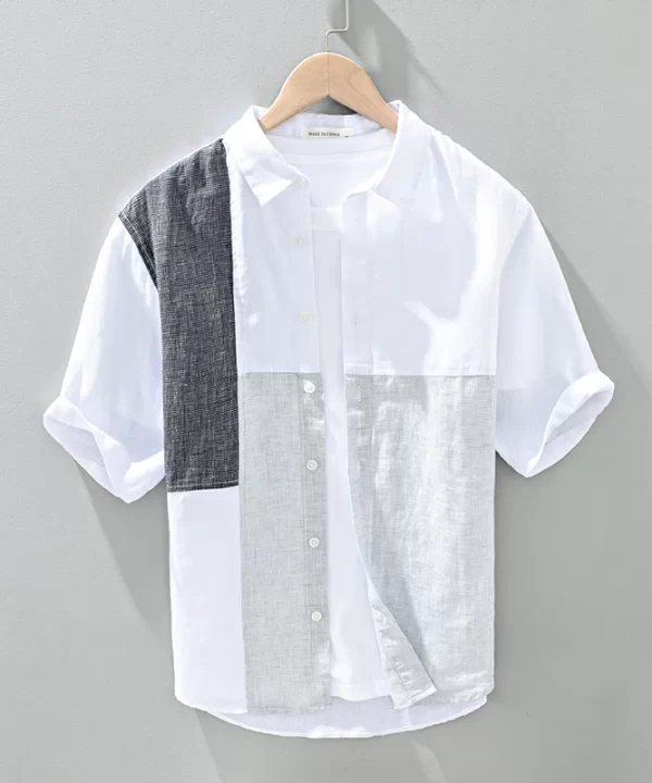 Mens Pure Linen Plaid Patchwork Short Sleeve Casual Summer Shirt