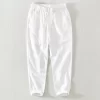 Mens Cotton Linen Ankle-Length Casual Straight Pants Elastic Waist Loose Plus Size