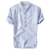 Mens Casual Short Sleeve Cotton Linen Loose Pullover Mandarin Collar Solid Shirt