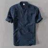 Mens Casual Short Sleeve Cotton Linen Loose Pullover Mandarin Collar Solid Shirt