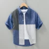Mens Pure Linen Plaid Patchwork Short Sleeve Casual Summer Shirt