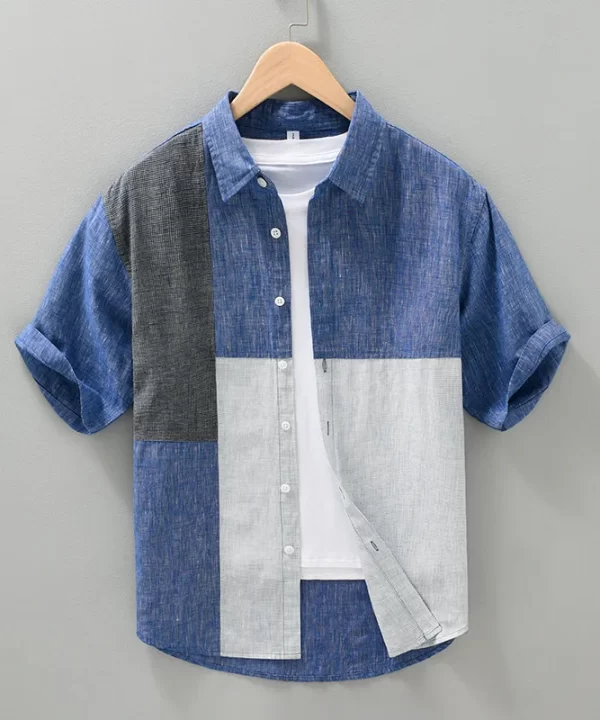 Mens Pure Linen Plaid Patchwork Short Sleeve Casual Summer Shirt