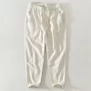Mens Cotton Linen Ankle-Length Casual Straight Pants Elastic Waist Loose Plus Size