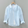 Mens Linen Green Blue Striped Oversize Casual Long Sleeve Shirt