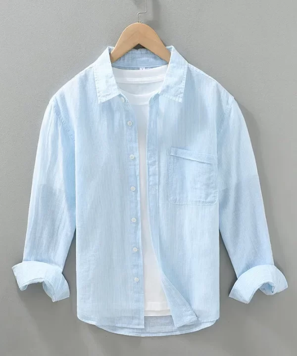 Mens Linen Green Blue Striped Oversize Casual Long Sleeve Shirt