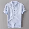 Mens Casual Short Sleeve Cotton Linen Loose Pullover Mandarin Collar Solid Shirt