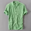 Mens Casual Short Sleeve Cotton Linen Loose Pullover Mandarin Collar Solid Shirt